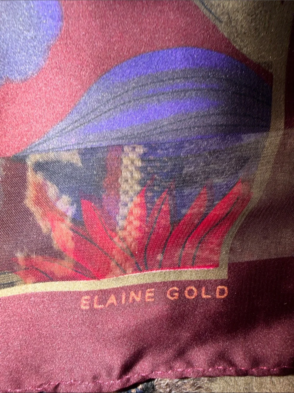 VTG Elaine Gold Floral Striped Silk Chiffon Scarf Jewel Tone Pink Purple